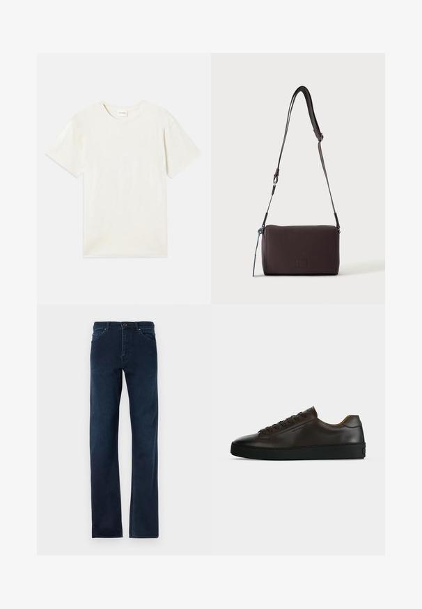 Kurzärmliges T-Shirt mit Rundhalsausschnitt in hellbeige, aus weicher Baumwolle mit lockerem Schnitt und ohne sichtbare Muster oder Akzente.; Dunkelblaue Jeans aus Denim mit geradem Schnitt, fünf Taschen, einem Knopfverschluss und kontrastierenden Nähten entlang der Säume.; Flach geschnittener dunkelbrauner Ledersneaker mit schwarzer Gummisohle, Schnürung vorne und schlicht-minimalistischem Design auf hellem Hintergrund.; Dunkelbraune, strukturierte Leder-Crossbody-Tasche mit verstellbarem Riemen und kleinem dekorativen blauen Akzent an der Seite.