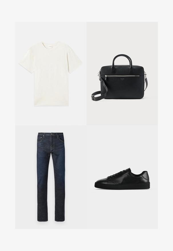 Korte mouwen, ronde hals t-shirt in licht beige, zachte katoenen textuur met een relaxte pasvorm en zonder zichtbare patronen of accenten.; Donkerblauwe rechte denim jeans met een voorste knoop, zichtbare stiksels en een vijf-pocket ontwerp op een witte achtergrond.; Zwart leren sneaker met lage schacht, veters aan de voorkant en een getextureerde platte zool, zijaanzicht op een neutrale achtergrond.; Zwart gestructureerde rechthoekige leren aktetas met dubbele handvatten, voorvak met rits en verstelbare schouderriem, weergegeven op witte achtergrond.