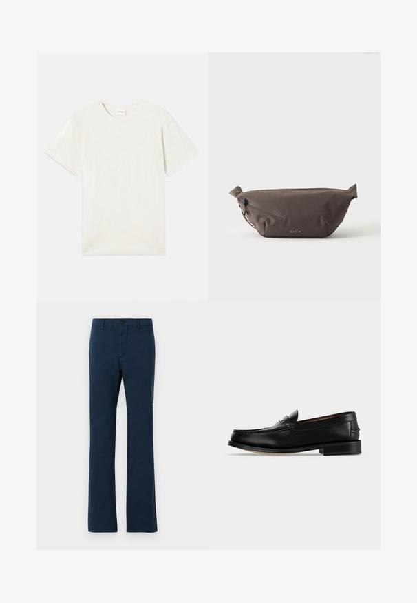 T-shirt à manches courtes, col rond en beige clair, texture en coton doux avec une coupe décontractée et sans motifs ni accents visibles.; Pantalons en coton bleu marine avec une coupe droite, dotés d'une fermeture à bouton sur le devant et de passants de ceinture, texture lisse et coupe ajustée.; Mocassin homme en cuir noir avec un petit talon et une couture de style mocassin sur l'avant, vu de côté sur un fond uni.; Sac banane en tissu marron foncé avec poche zippée en diagonale et petit logo blanc sur le devant, sur un fond clair uni.