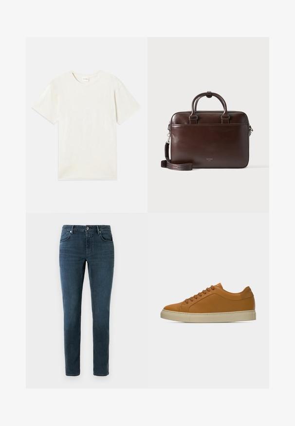 Korte ærmer, crew neck t-shirt i lys beige, blødt bomuldsstof med en afslappet pasform og uden synlige mønstre eller accenter.; Mørkeblå jeans med slim fit, fem-lomme design og knaplukning. Lavet af denim med en glat overflade og subtilt slid.; Lavskaftet sko i lysebrunt læder med matchende snørebånd og off-white gummisål mod en ensfarvet lys grå baggrund.; Mørkebrunt lædermappe med dobbelthåndtag og aftagelig skulderrem, rektangulær form, glat tekstur og forlomme.