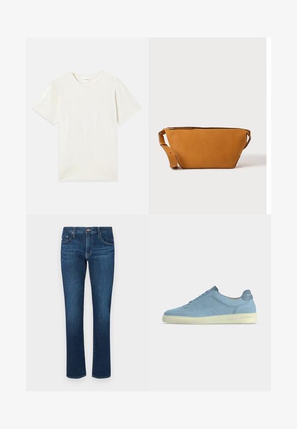 Korte mouwen, ronde hals t-shirt in licht beige, zachte katoenen textuur met een relaxte pasvorm en zonder zichtbare patronen of accenten.; Donkerblauwe denim jeans met een rechte pijpdesign, klassieke vijf-pocket stijl en een knoopsluiting bij de tailleband. Gladde textuur.; Lichtblauwe suède lage sneaker met crèmekleurige zool, bijpassende blauwe veters en een gebrandmerkt hielstuk op een effen lichte achtergrond.; Lichtbruine leren crossbodytas met verstelbare band en ritssluiting, getoond tegen een effen lichte achtergrond.