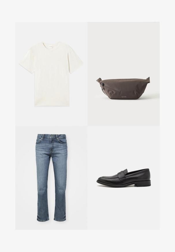 Korte mouwen, ronde hals t-shirt in licht beige, zachte katoenen textuur met een relaxte pasvorm en zonder zichtbare patronen of accenten.; Blauwe spijkerbroek heeft een recht gesneden ontwerp, een vijf-vakken stijl en een knoopsluiting met contrasterende stitching op de naden.; Zwarte leren loafers met een gladde afwerking, een decoratieve band over de bovenkant, een ronde neus en een lage gestapelde hak.; Donkerbruine stoffen heuptas met diagonale ritssluiting en klein wit logo aan de voorkant, tegen een effen lichte achtergrond.