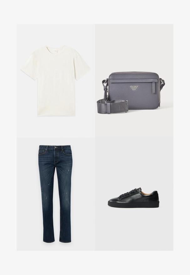 Korte ærmer, crew neck t-shirt i lys beige, blødt bomuldsstof med en afslappet pasform og uden synlige mønstre eller accenter.; Mørkeblå slim-fit jeans med let falming og små hvide malingssprøjt, med fem lommer og knaplukning.; Sorte lædersneakers med en glat overflade, rund tå og snørebåndslukning. Har en tyk gummisål og minimal branddetalje.; Mørkegrå rektangulær crossbody taske med justerbar rem, front lynlåslomme og sølv logoemblem.