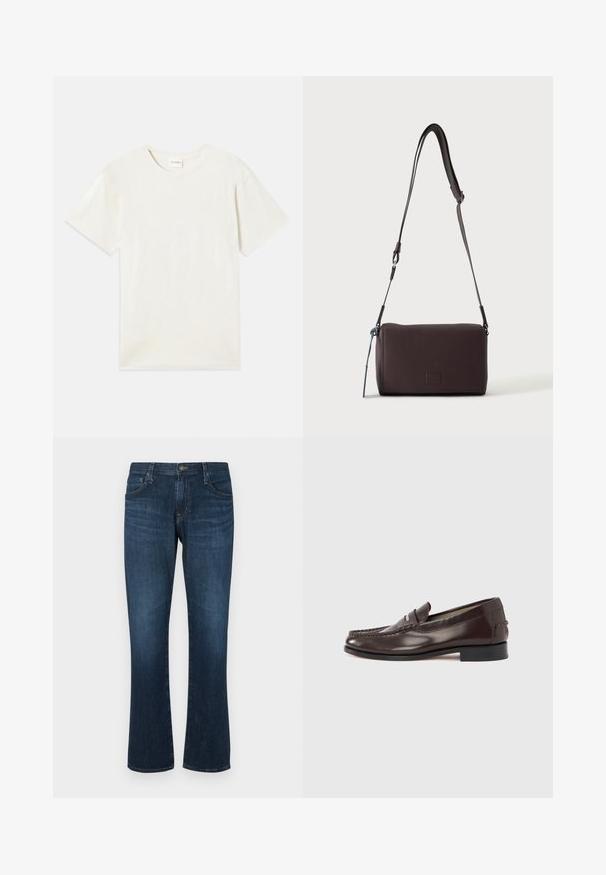 Korte mouwen, ronde hals t-shirt in licht beige, zachte katoenen textuur met een relaxte pasvorm en zonder zichtbare patronen of accenten.; Donkerblauwe denim jeans met een rechte pijp, vijf zakken en een metalen knoopsluiting. Glad materiaal met subtiele vervaging.; Bruine leren loafers met een mocassinstijl neus, decoratieve stiksels en een lage hak. Gladde textuur met een subtiele glans.; Donkerbruine gestructureerde leren crossbodytas met verstelbare riem en klein decoratief blauw accent aan de zijkant.