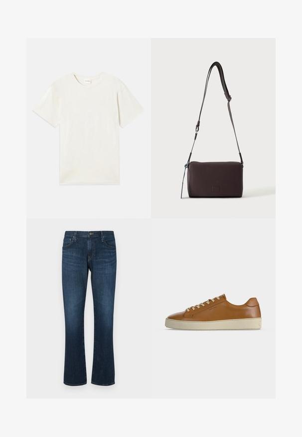 Korte ærmer, crew neck t-shirt i lys beige, blødt bomuldsstof med en afslappet pasform og uden synlige mønstre eller accenter.; Mørkeblå denimjeans med lige ben-design, fem lommer og metalknap-lukning. Glat tekstur med subtil falming.; Lavtop brun læder sneaker med cremefarvede snørebånd og tyk cremefarvet gummisål vist i sideprofil på hvid baggrund.; Mørkebrun textured læder crossbody taske med justerbar rem og lille dekorativ blå accent på siden.