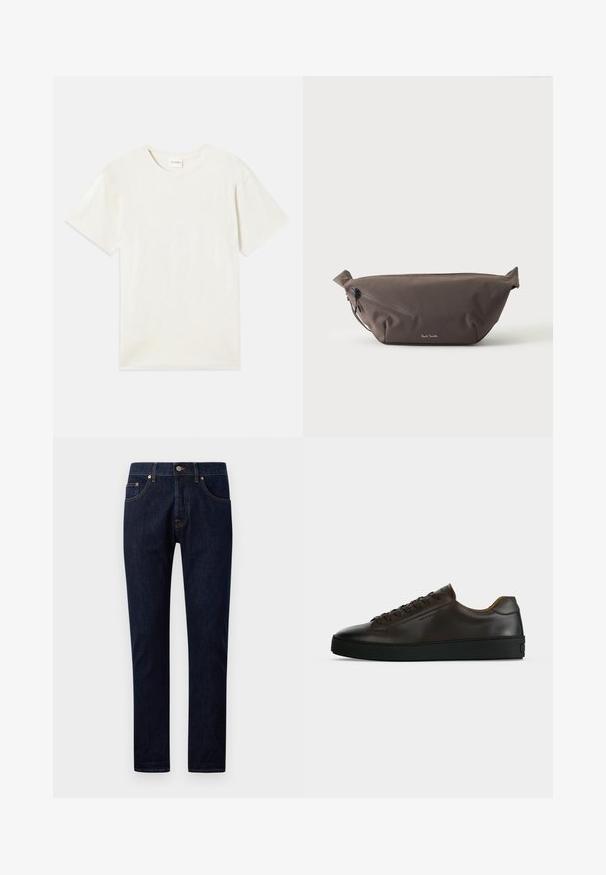 Korte ærmer, crew neck t-shirt i lys beige, blødt bomuldsstof med en afslappet pasform og uden synlige mønstre eller accenter.; Mørkeblå denim jeans med slim fit, med fem lommer, kobber nitter og kontrasterende syninger langs sømmene. Glat tekstur.; Lavprofil mørkebrune lædersneaker med sort gummisål, snørelukning foran og glat minimalistisk design på lys baggrund.; Mørkebrun stof talje taske med diagonalt lynlåslomme og lille hvidt logo på fronten, sat mod en ensfarvet lys baggrund.