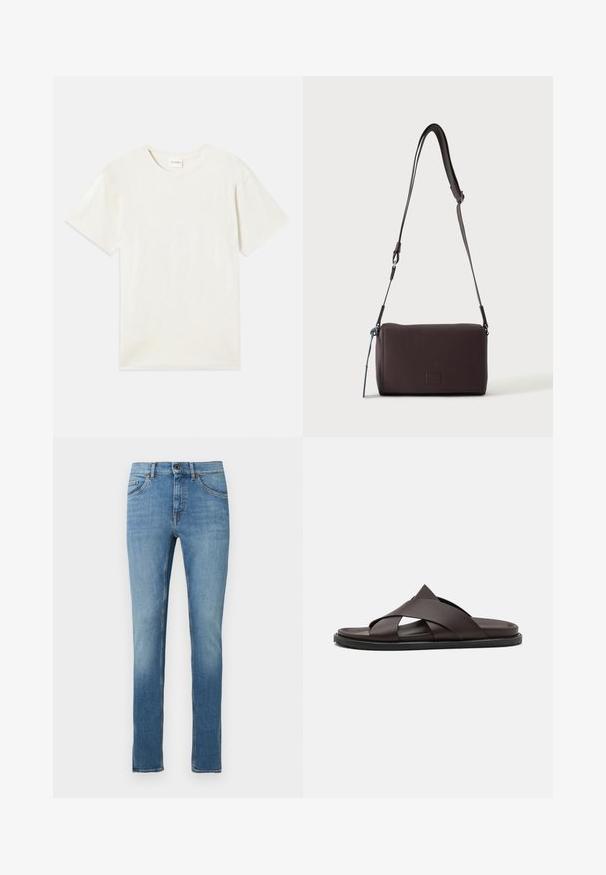 Kurzärmliges T-Shirt mit Rundhalsausschnitt in hellbeige, aus weicher Baumwolle mit lockerem Schnitt und ohne sichtbare Muster oder Akzente.; Hellblaue Jeans aus Denim mit gerade geschnittenen Beinen, ausgestattet mit einem Knopfverschluss vorne, fünf Taschen und kontrastierenden Nähten.; Stuart Weitzman BERKLEY - Pantolette flach - espresso; Dunkelbraune, strukturierte Leder-Crossbody-Tasche mit verstellbarem Riemen und kleinem dekorativen blauen Akzent an der Seite.