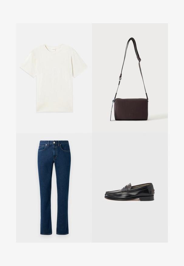 Korte ærmer, crew neck t-shirt i lys beige, blødt bomuldsstof med en afslappet pasform og uden synlige mønstre eller accenter.; Mørkeblå denimjeans med et slankt lige ben design, klassisk fem-lomme stil og en knaplukning i taljen.; Sorte læderloafers med moccasin-design, der har en dekorativ bånd og syningsdetaljer på overdelen. Lav blokhæl.; Mørkebrun textured læder crossbody taske med justerbar rem og lille dekorativ blå accent på siden.