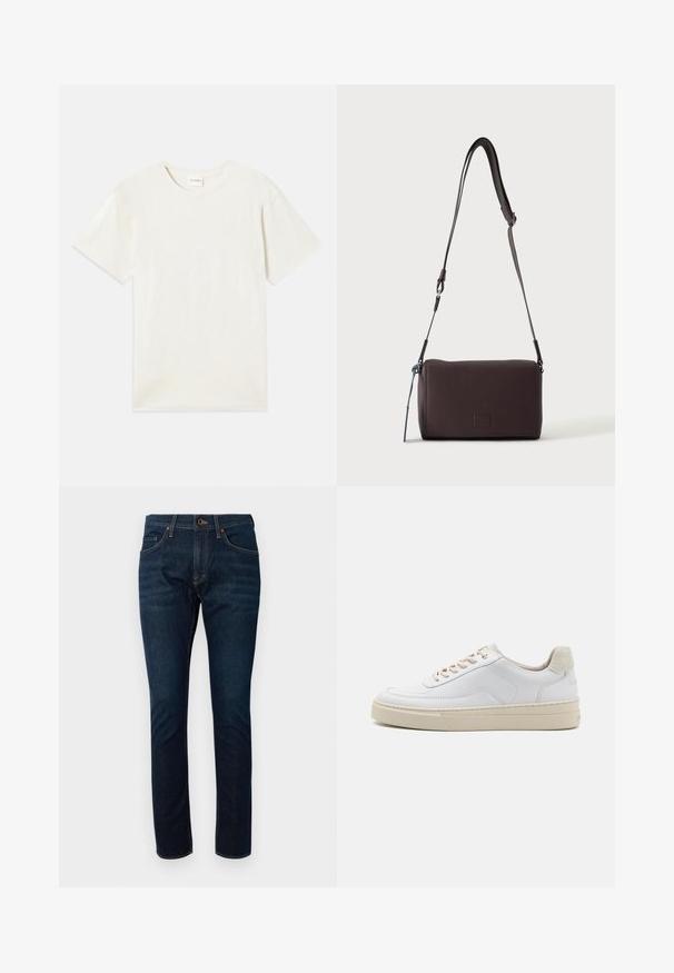 Korte ærmer, crew neck t-shirt i lys beige, blødt bomuldsstof med en afslappet pasform og uden synlige mønstre eller accenter.; Mørkeblå denimjeans med et tætsiddende design, der har fem lommer og kontrasterende syninger. Stoffet har en glat overflade.; Hvide sneakers med en glat læderoverdel, beige snørebånd og en tekstureret beige ruskindsheel-tab. Hævet sål for ekstra højde.; Mørkebrun textured læder crossbody taske med justerbar rem og lille dekorativ blå accent på siden.