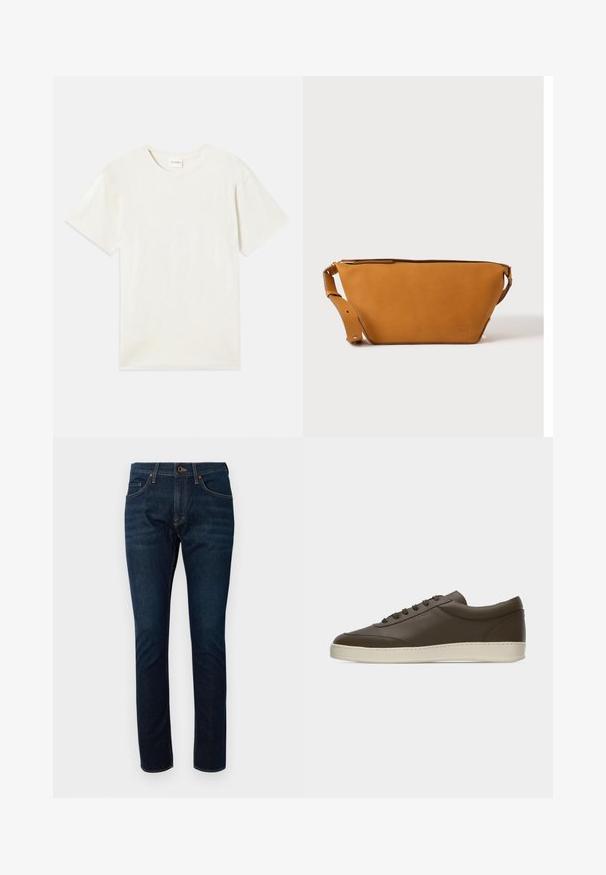 Korte ærmer, crew neck t-shirt i lys beige, blødt bomuldsstof med en afslappet pasform og uden synlige mønstre eller accenter.; Mørkeblå denimjeans med et tætsiddende design, der har fem lommer og kontrasterende syninger. Stoffet har en glat overflade.; Low-top mørkebrun lædersneaker med snørelukning foran og cremefarvet gummisål, vist fra ydersiden mod hvid baggrund.; Lys brun læder crossbody taske med justerbar rem og lynlås, vist mod en ensartet lys baggrund.
