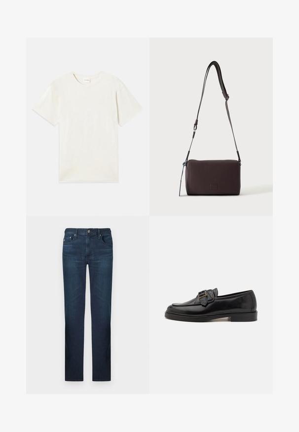 T-shirt à manches courtes, col rond en beige clair, texture en coton doux avec une coupe décontractée et sans motifs ni accents visibles.; Jean en denim bleu foncé avec une coupe droite, présentant une disposition classique à cinq poches et une fermeture à bouton en métal. Texture lisse.; Mocassins en cuir noir avec un bout arrondi et une boucle décorative. Talon plat, solide et texture lisse sur l'ensemble.; Sac bandoulière en cuir marron foncé texturé avec une sangle réglable et un petit accent décoratif bleu sur le côté.