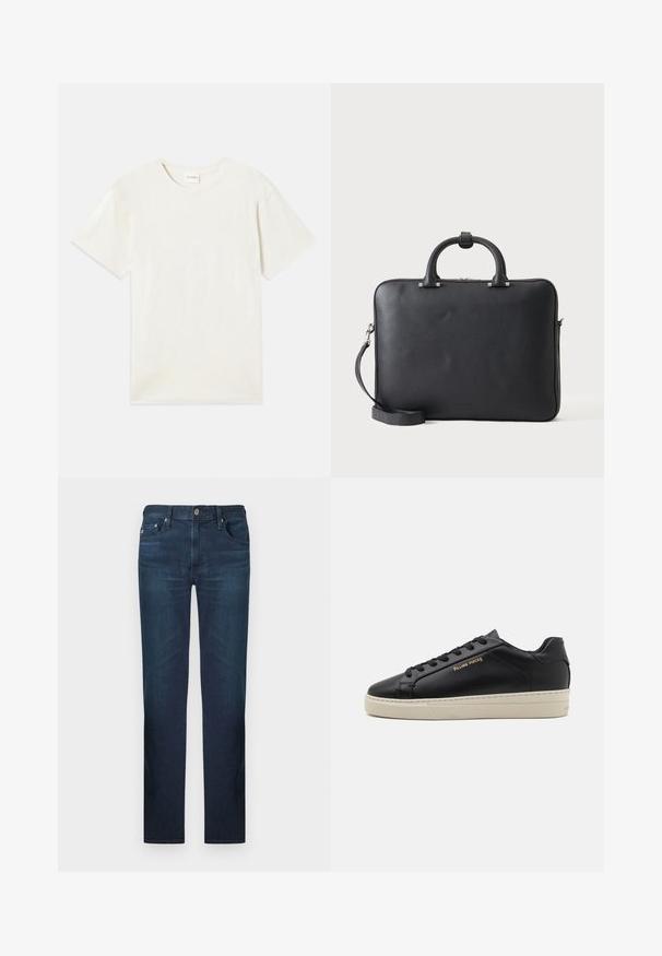 Kurzärmliges T-Shirt mit Rundhalsausschnitt in hellbeige, aus weicher Baumwolle mit lockerem Schnitt und ohne sichtbare Muster oder Akzente.; Dunkelblaue Denim-Jeans mit geradem Bein-Design, klassischer Fünf-Taschen-Anordnung und Metallknopfverschluss. Glatte Textur.; Schwarze Leder-Sneaker mit glatter Oberfläche, kontrastierender cremefarbener Sohle, abgerundeter Spitze, goldfarbenem Logo an der Seite und sechs Ösen für die Schnürsenkel.; Schwarze Lederaktentasche mit doppelten Griffen und abnehmbarem Schulterriemen auf einem einfarbigen hellen Hintergrund.