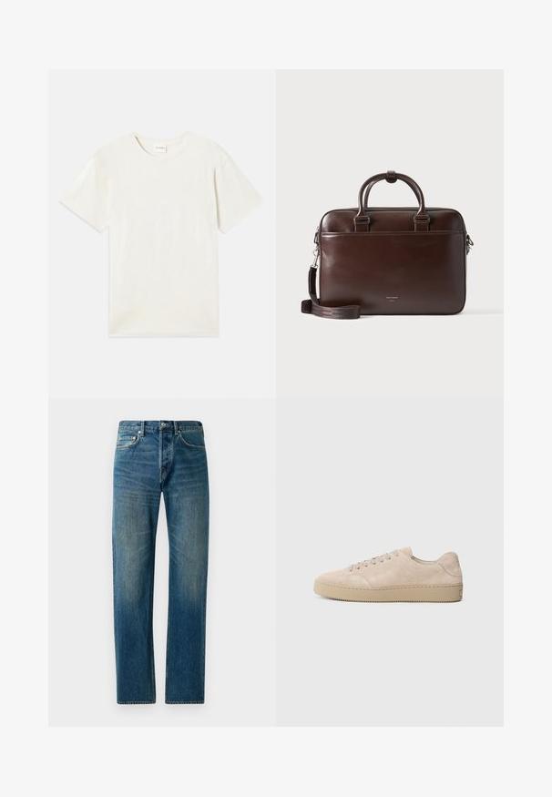 Korte ærmer, crew neck t-shirt i lys beige, blødt bomuldsstof med en afslappet pasform og uden synlige mønstre eller accenter.; Blå denim jeans med lige ben, der har en fem-lomme stil, subtil falming og kontrastsyet detaljer.; Beige ruskinds sneaker med en rund tå, flade snørebånd og en tekstureret gummisål. Minimalistisk design med glatte kanter og diskret syning.; Mørkebrunt lædermappe med dobbelthåndtag og aftagelig skulderrem, rektangulær form, glat tekstur og forlomme.