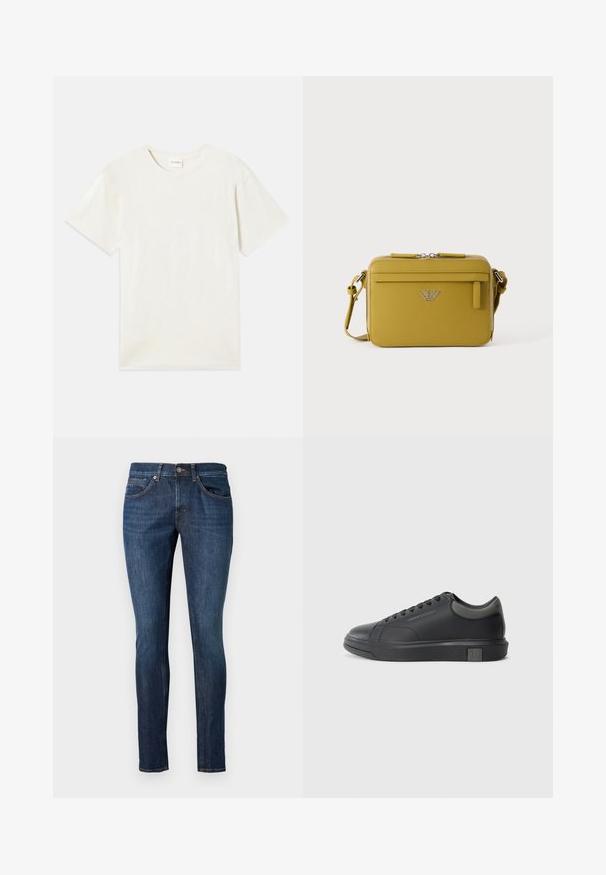 Korte ærmer, crew neck t-shirt i lys beige, blødt bomuldsstof med en afslappet pasform og uden synlige mønstre eller accenter.; Mørkeblå denimjeans med slim fit, fem lommer og kontrastsying. Stoffet har en glat overflade og en let glans.; Sorte lædersneakers med en glat finish, rund tå og mørke grå accenter. Har snørebåndsdesign og tekstureret gummisål.; Lille sennepsgul rektangulær crossbody taske med front lynlåslomme og sølv logoemblem centreret på frontpanelet.