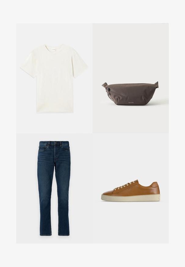 Kurzärmliges T-Shirt mit Rundhalsausschnitt in hellbeige, aus weicher Baumwolle mit lockerem Schnitt und ohne sichtbare Muster oder Akzente.; Dunkelblaue Jeans aus Denim mit geradem Schnitt, fünf Taschen, Gürtelschlaufen und dezenten Ausbleichungen. Gestickte Nähte und ein Knopfverschluss.; Brauner Low-Top-Ledersneaker mit cremefarbenen Schnürsenkeln und dicker cremefarbener Gummisohle, seitlich auf weißem Hintergrund dargestellt.; Dunkelbraune Stoff-Gürteltasche mit diagonalem Reißverschlussfach und kleinem weißen Logo vorne, vor einem einfarbigen hellen Hintergrund.