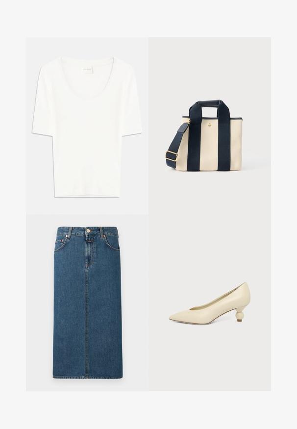 Witte T-shirt met korte mouwen en een ronde hals. Gemaakt van zacht katoen, heeft het een comfortabele pasvorm en een minimalistisch ontwerp.; Donkerblauwe denim midi-jurk met een recht model, voorzakken en koperkleurige hardware. Voorzien van stiksels langs de naden en een knoopsluiting.; Dames schoen in roomkleur met een puntige neus en een lage, ronde balvormige hak op een effen achtergrond.; Kleine beige canvas draagtas met twee brede zwarte verticale banden, een kort handvat en een verstelbare schouderriem met een gouden gesp.