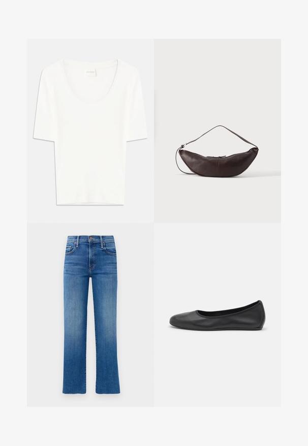 Weißes T-Shirt mit kurzen Ärmeln und rundem Ausschnitt. Hergestellt aus weichem Baumwollstoff, bietet es einen lässigen Schnitt und ein minimalistisches Design.; Blaue Denim-Jeans mit geradem Schnitt, hohem Bund und subtilen Ausbleichungen. Verfügt über klassische Fünf-Taschen-Stil und goldfarbene Hardware-Akzente.; Schwarze Leder-Ballettschuhe mit abgerundeter Spitze, glatter Textur, minimalen Nähdetails und einem flexiblen Sohlen-Design.; Dunkelbraune Leder-Schultertasche in Halbmondform mit gebogenem Riemen und sichtbarer Naht auf schlichtem Hintergrund.