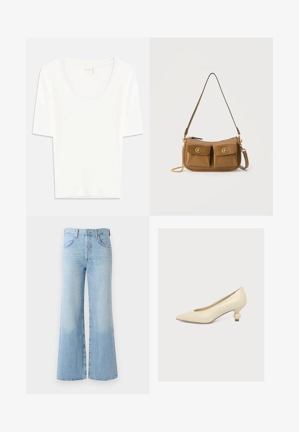 Weißes T-Shirt mit kurzen Ärmeln und rundem Ausschnitt. Hergestellt aus weichem Baumwollstoff, bietet es einen lässigen Schnitt und ein minimalistisches Design.; Hellblaue Jeans mit ausgestelltem Bein und hoher Taille, fünf Taschen und dezentem Verblassen am Saum. Mit normalem Bund und Knopfverschluss.; Creamfarbener Pumps mit spitzer Kappe, kurzem, rundem, geschichtetem Absatz und glatter matter Oberfläche auf hellem einfarbigem Hintergrund.; Braune Leder-Umhängetasche mit zwei vorderen Klappentaschen, die goldene Drehverschlussverschlüsse und ein goldfarbenes Kettendetail auf einer Seite aufweisen.