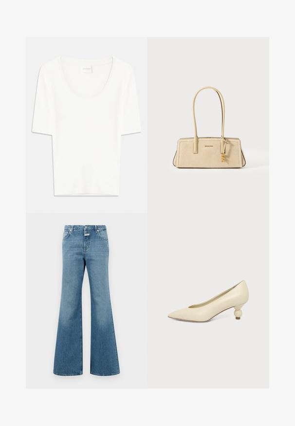 Witte T-shirt met korte mouwen en een ronde hals. Gemaakt van zacht katoen, heeft het een comfortabele pasvorm en een minimalistisch ontwerp.; Lichtblauwe spijkerbroek met flare, met een middelhoge taille, voorzien van voorzakken, een enkele knoopsluiting en subtiele slijtage-details.; Dames schoen in roomkleur met een puntige neus en een lage, ronde balvormige hak op een effen achtergrond.; Beige rechthoekige handtas met lange handgrepen, gladde en suède textuur, gouden logo en decoratieve gouden bedel die aan één handgreep hangt.