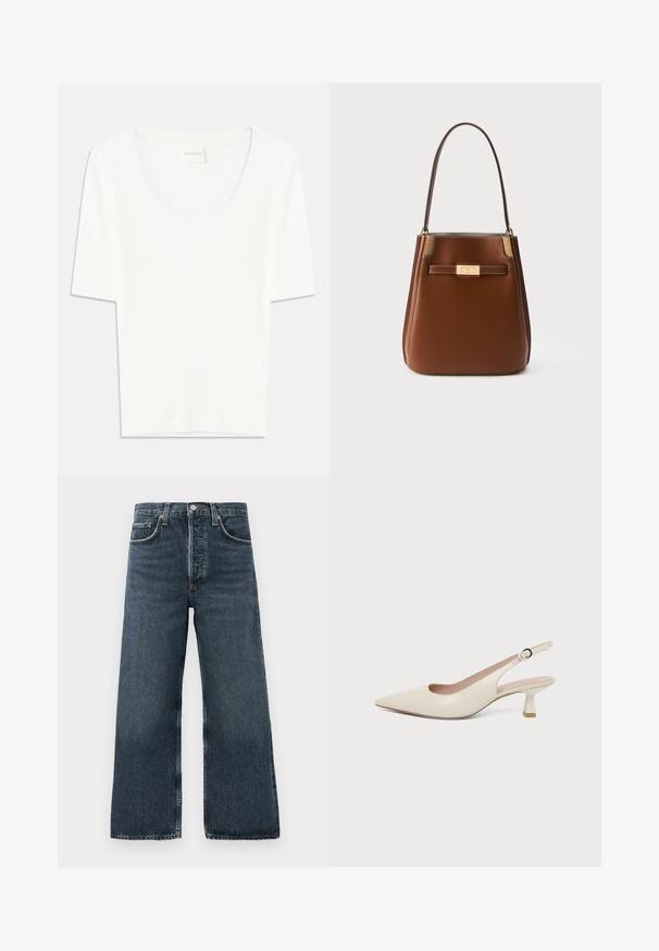 Weißes T-Shirt mit kurzen Ärmeln und rundem Ausschnitt. Hergestellt aus weichem Baumwollstoff, bietet es einen lässigen Schnitt und ein minimalistisches Design.; Dunkelblaue Jeans mit weitem Bein, ausgestattet mit einem Knopf- und Reißverschluss, fünf Taschen und dezentem Waschungseffekt auf dem Stoff.; Slingback-Schuh in Creme mit spitzer Schuhspitze, kleinem geschwungenem Kittenabsatz und verstellbarem Schnallenriemen.; Braune Lederhandtasche mit einem einzelnen oberen Griff und einem goldenen rechteckigen Verschluss auf der Vorderseite vor einem schlichten weißen Hintergrund.