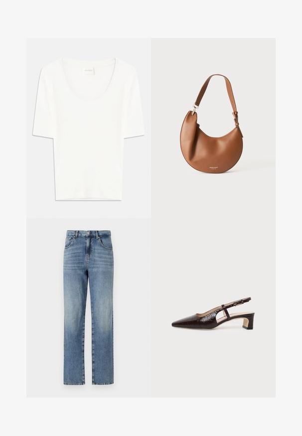 Witte T-shirt met korte mouwen en een ronde hals. Gemaakt van zacht katoen, heeft het een comfortabele pasvorm en een minimalistisch ontwerp.; Lichtblauwe denim jeans met een rechte pijpdesign, voorzien van vijf zakken, een knoop- en ritsluiting, en minimale vervaging op de stof.; Donkerbruine slingback schoen van krokodillenleer met een puntige neus, lage blokhak en verstelbare gouden gesp.; Bruine leren schoudertas in halvemaanvorm met verstelbare riem en kleine zilveren logotekst onderaan in het midden.