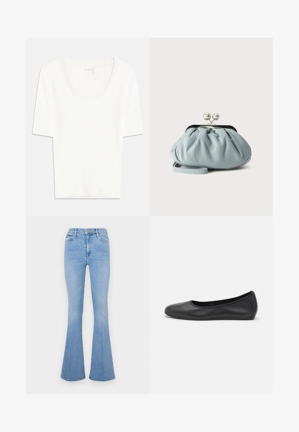 Camiseta blanca de manga corta con cuello redondo. Confeccionada en suave tejido de algodón, presenta un corte relajado y un diseño minimalista.; Jeans acampanados de un azul claro con una cintura alta, elaborados en tela de denim, que cuentan con bolsillos frontales y una sutil textura deslavada.; Bailarina de piel negra con punta redondeada, textura suave, detalle de costura minimalista y diseño de suela flexible.; Pequeño monedero de cuero azul claro con cierre metálico plateado tipo kiss-lock y correa corta para la muñeca sobre un fondo liso.