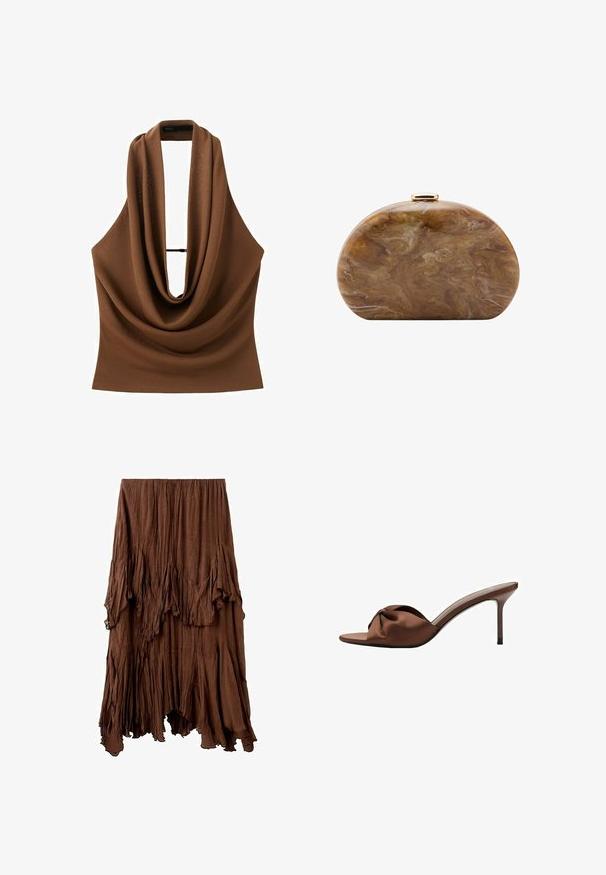 Haut marron sans manches avec un décolleté drapé profond en forme de bénitier et une fine lanière horizontale traversant le haut de la poitrine.; Jupe marron froissée avec un ourlet asymétrique et des détails de tissu superposés et drapés créant un effet texturé et fluide.; Mule marron à talon haut avec bout ouvert et bride en satin nouée, talon aiguille fin, profil latéral sur fond blanc.; Pochette ovale marron marbrée avec fermoir doré en haut sur fond blanc.