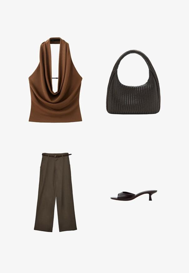Haut marron sans manches avec un décolleté drapé profond en forme de bénitier et une fine lanière horizontale traversant le haut de la poitrine.; Pantalon marron à jambes larges avec une ceinture marron assortie, présenté à plat sur fond blanc.; Sandale mule noire à bout ouvert avec un talon bas courbé et une tige en cuir lisse sur fond blanc.; Sac à main en cuir tressé noir avec poignée supérieure arrondie et forme de croissant.