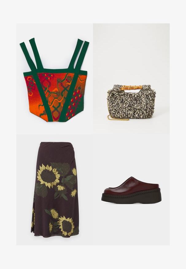 Haut tricoté coloré présentant des motifs orange, rouge et vert. Le design inclut des bretelles larges et des motifs géométriques et abstraits distincts.; Jupe midi violet foncé avec un grand motif de tournesol jaune et de feuilles vertes.; Chaussure plateforme en cuir bordeaux à enfiler, avec bout arrondi et semelle noire épaisse, vue de côté sur un fond uni.; Sac tissé avec un motif texturé noir et crème, une poignée en bambou et une bandoulière en chaîne dorée amovible. Forme rectangulaire compacte.