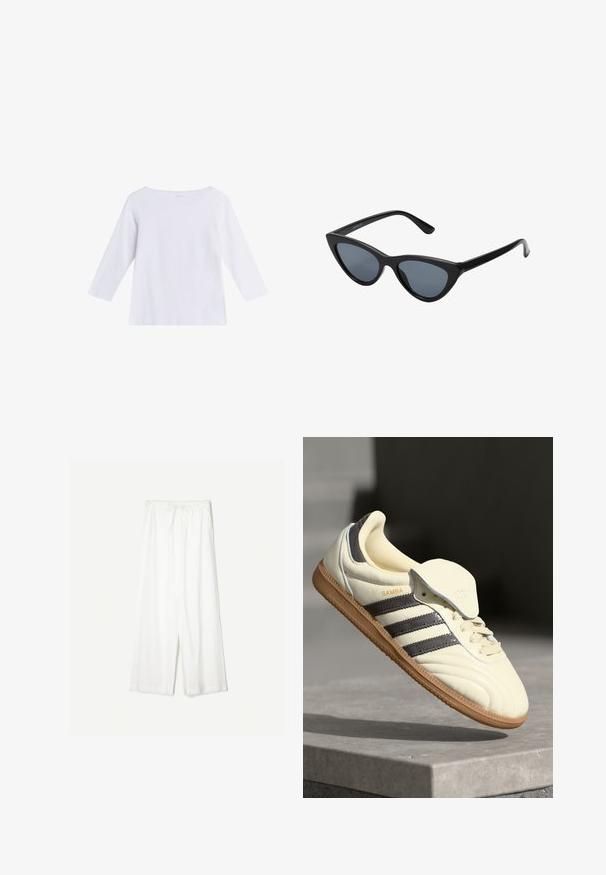 Wit shirt met lange mouwen en boothals, gemaakt van zachte stof, afgebeeld op een effen witte achtergrond.; Witte wijde broek met elastische tailleband en trekkoord, gemaakt van lichtgewicht stof.; Crème leren sneaker met drie donkere strepen, een bruine gumrubberen zool en een ronde neus. Voorzien van een opvouwbare tong met het label "SAMBA."; Zwarte cat-eye zonnebril met donkergrijze lenzen, slank plastic frame, puntige hoeken en rechte pootjes. Geen zichtbare hardware of accenten.