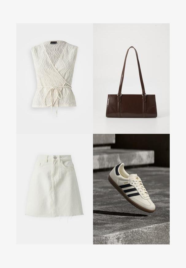 Hvid indpakningstop lavet af struktureret stof med et bølge mønster. Har en binde foran i livet og en dyb V-udskæring.; Hvid denimnederdel med høj talje, fem-lomme design og rå kant. Har en foran knaplukning og en let A-line skæring.; Hvid Adidas Samba sneaker med sorte striber og gummsål, svævende over teksturerede grå betonstrin.; Brun lakeret håndtaske med rektangulær form, to lange håndtag og subtile buede detaljer på fronten.