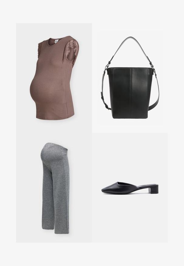 Top de maternité sans manches en maille côtelée marron avec bordure en dentelle sur les ouvertures d'épaule et encolure arrondie.; Pantalon de maternité gris texturé vu de côté avec un panneau ventre extensible et des jambes droites et larges sur fond blanc.; Mule à enfiler en cuir noir avec bout pointu et petit talon carré, présenté de profil sur un fond uni.; Sac seau en cuir noir avec deux bretelles réglables et des détails de couture minimalistes sur un fond uni.