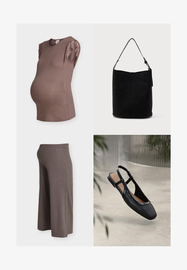 Top de maternité sans manches en maille côtelée marron avec bordure en dentelle sur les ouvertures d'épaule et encolure arrondie.; Pantalon de maternité marron en maille côtelée à jambes larges avec taille élastique, conçu pour le confort et l'élasticité sur le ventre de grossesse.; Chaussure plate slingback en cuir noir avec un orteil carré, dotée d'un fini verni brillant et de sangles ajustables pour un maintien sécurisé.; Sac seau en cuir noir avec une seule sangle d'épaule réglable et des coutures minimalistes sur le devant.