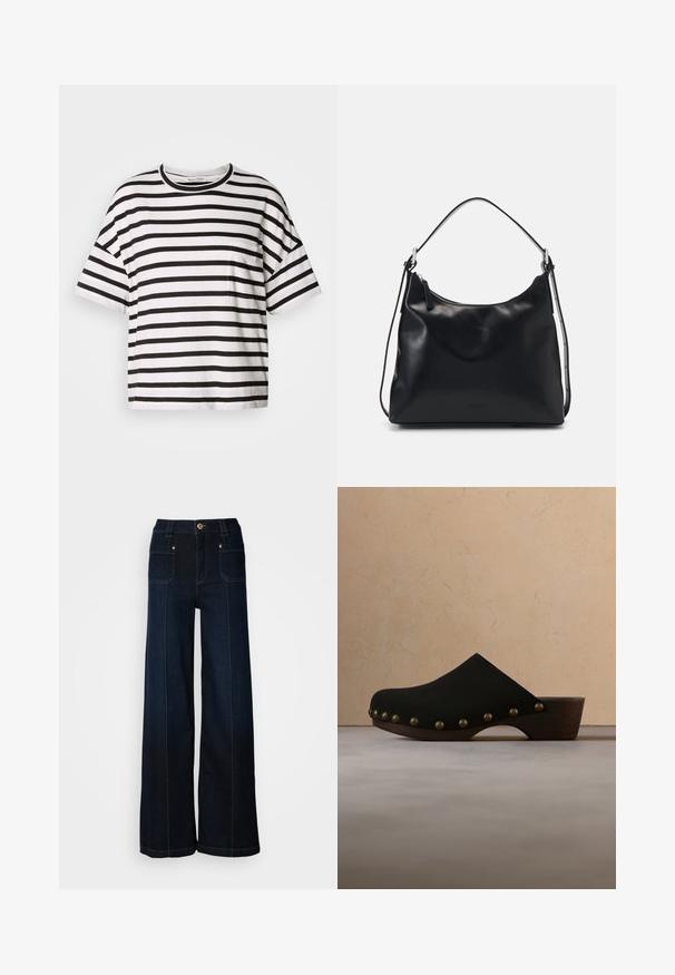 Gestreepte zwart-witte T-shirt, korte mouwen, ronde halslijn, met een kleine zak aan de linkerkant, gemaakt van zachte katoen.; Lossere denim jeans in donkerblauw. Bevat voorzakken, goudkleurige hardware en contrasterende stiksels. Glad textuur met een casual ontwerp.; Zwarte houten klomp met koperen spijkers langs de rand van de zool, zwevend boven een beige tapijt in een kamer met neutrale tinten.; Jonge vrouw met lang zwart haar zit op een houten blok, draagt een crèmekleurige outfit en houdt een zwarte leren schoudertas over haar borst.