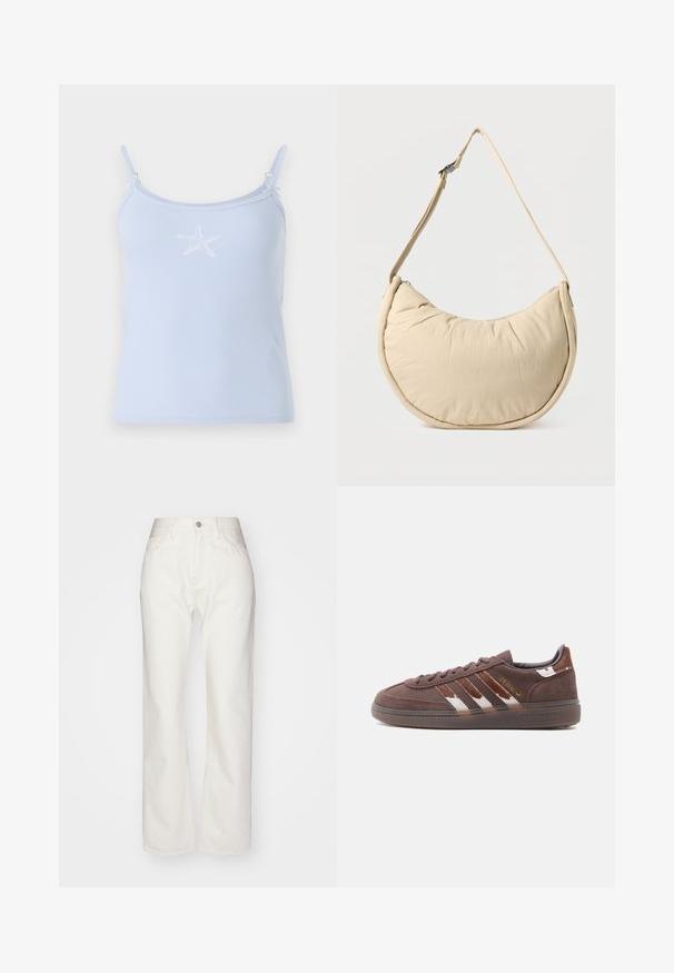 Hellblaues, geripptes Tanktop mit dünnen Trägern. Auf der Vorderseite befindet sich ein weißes, gesticktes Seestern-Motiv. Glatte Textur mit minimalen Verzierungen.; Weiße Denim-Hosen mit hoher Taille und weit geschnittenem Bein. Mit einem Knopf- und Reißverschluss, Gürtelschlaufen und dezenten Nähten.; Brauner Wildleder-Adidas-Sneaker mit weißen und dunkelbraunen Streifen, flacher Sohle und goldfarbenem "Spezial"-Schriftzug an der Seite.; Beige Halbmond-Schultertasche mit weicher, gepolsterter Textur. Verfügt über einen verstellbaren Riemen und einen Reißverschluss entlang der oberen Kante.