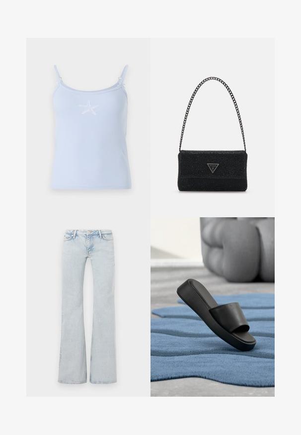 Vaaleansininen ribbipinta tank top, jossa on ohuet hihnat. Edessä on valkoinen brodeerattu meritähti -kuvio. Sujuva rakenne, jossa on minimaalinen koristelu.; Vaaleansiniset leveälahkeiset farkut, jotka on valmistettu denimistä. Ominaisuuksiin kuuluvat metalli-nappi vyötäröllä, viiden taskun muotoilu ja hienovarainen haalistuminen kauttaaltaan.; Musta liukusandaali lepää teksturoidulla sinisellä matolla suuren harmaan pehmustetun huonekalun edessä.; Musta helmillä koristeltu käsilaukku, jossa on teksturoitu pinta, ketjuhihna ja kolmiomainen logoplakaatti edessä. Kompakti suorakulmainen muoto.