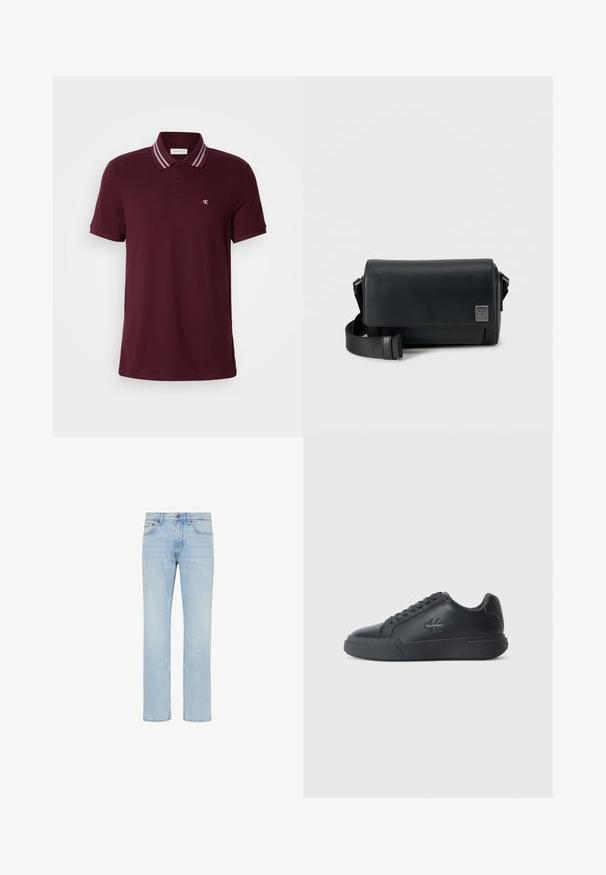 Meeste tumepunane lühikeste varrukatega polo särk, millel on kahe nupuga kaelus, triibuline kaelaäär ja väike valge "cK" logo rinnal.; Hele sinised sirge säärega teksapüksid esiküljel nupu, lukuga ning viie tasku disainiga, pildil valgel taustal.; Mustad mustkatsed on ümmarguse varvastega, lamedate tallaga ja paeltega disainiga. Märkimisväärsed detailid hõlmavad külje peal asuvat diskreetset logo.; Mustast nahast ristkorpuseline kott ristkülikukujulise kujuga, tekstuuri pinnaga, klapiga sulgemine, reguleeritav rihm ja esiküljel logo.