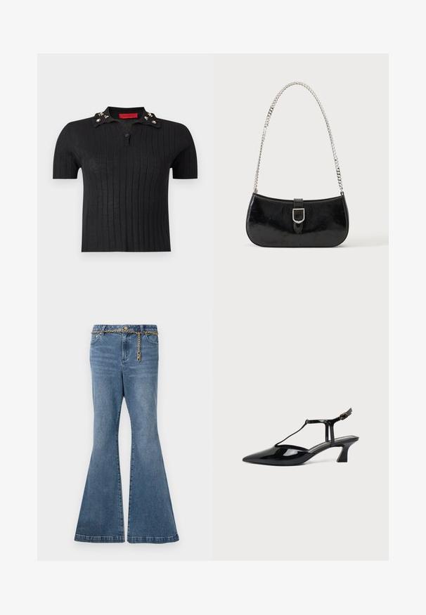 Polo noir à manches courtes en maille côtelée avec un col orné de petits bijoux décoratifs et un seul bouton sous le col.; Jean flare en denim délavé moyen, avec un détail en chaîne dorée à la taille et une conception standard à cinq poches.; Chaussure slingback en cuir verni noir à bout pointu avec bride en T et petit talon bloc incliné sur fond blanc.; Sac à épaule en cuir verni noir avec détail de boucle argentée et bandoulière en chaîne argentée, présenté sur un fond uni clair.