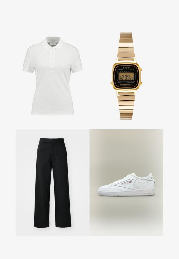 Weißes Poloshirt aus strukturiertem Baumwollstoff, mit klassischem Kragen, drei Knöpfen an der Knopfleiste und kleinem Lacoste-Logo auf der Brust.; Schwarze weit geschnittene Hose mit flachem Vorderteil, Knopfverschluss und Gürtelschlaufen. Hergestellt aus strapazierfähigem Stoff mit glatter Textur.; Weißer Reebok Low-Top Sneaker mit Nahtdetails, Perforationen nahe den Zehen und Reebok-Logo mit kleinem Union Jack an der Seite.; Goldene Digitaluhr mit quadratischem Ziffernblatt, schwarzer Anzeige, wasserdichter Eigenschaft und Metallgliederarmband. Tasten auf der rechten Seite für die Funktionalität.