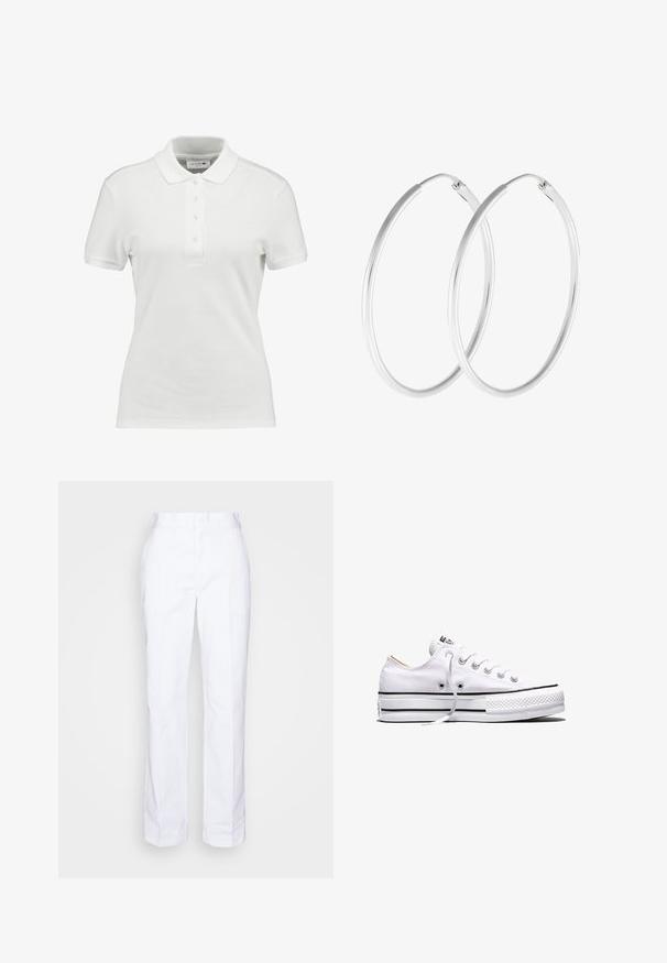 Hvid polo-shirt lavet af tekstureret bomuld, med en klassisk krave, tre-knaps placket og et lille Lacoste-logo på brystet.; Hvide, lige ben bukser lavet af bomuld. Har flad front, bæltesløjfer og ingen synlige lommer. Glat tekstur og minimalistisk design.; Hvid lavtop lærredssneakers med hvide snørebånd, sorte striber på sålen og gummieret tekstureret tåhætte, sidevendt på hvid baggrund.; Sølvfarvede hoop øreringe med en glat, rund form og en poleret overflade. Begge øreringe er i samme størrelse og har en sikker lukke mekanisme.