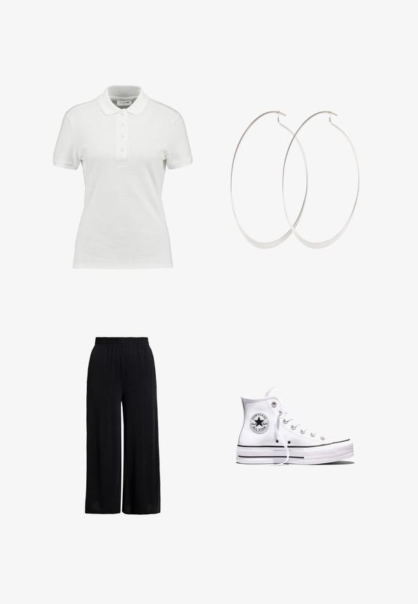 Hvid polo-shirt lavet af tekstureret bomuld, med en klassisk krave, tre-knaps placket og et lille Lacoste-logo på brystet.; Sorte bukser med vide ben og elastik i taljen, lavet af let stof for en afslappet pasform.; Hvid Converse Chuck Taylor All Star højt snøresko med sorte striber og logoemblem på siden, vist mod en ensfarvet hvid baggrund.; Sølv hoops øreringe med et tyndt, glat design; langstrakt oval form; poleret finish; har en sikker krog lukning.