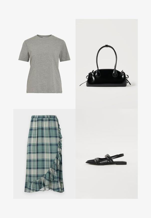 T-shirt gris en coton avec un col rond classique, des manches courtes et une texture lisse, idéal pour un usage décontracté.; Jupe à carreaux en vert et marine, avec un ourlet froncé et une taille élastique. Le tissu a une texture lisse avec différents motifs à carreaux.; Even&Odd by Zalando Ballerines à brides arrière - black; Petit sac à main noir brillant avec deux longues anses et des détails à cordon sur les côtés sur un fond clair uni.