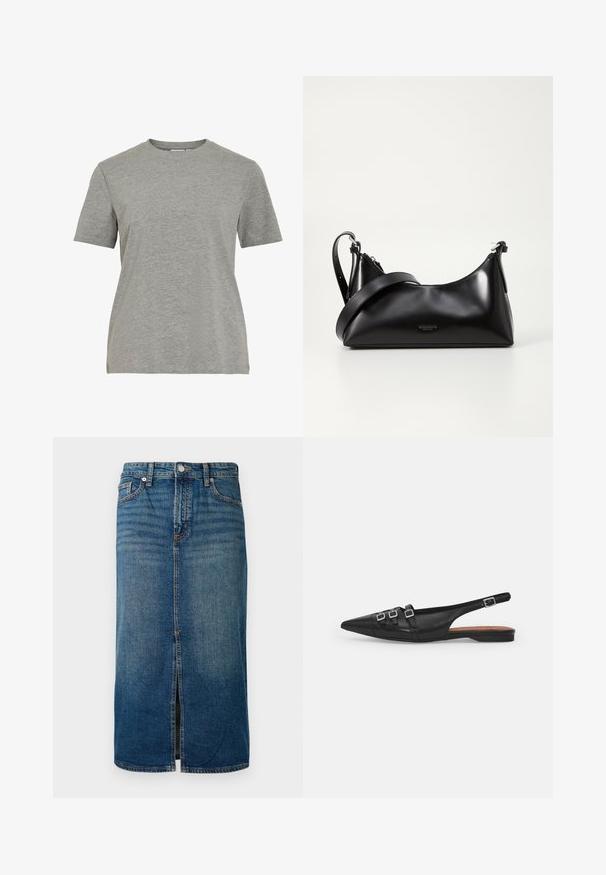 Grijs katoenen T-shirt met een klassieke ronde hals, korte mouwen en een gladde textuur, geschikt voor casual dragen.; Donkerblauwe denim midi-jurk met een frontslit, vijf zakken en contrasterende stiksels. Voorzien van een knoop- en ritsluiting bij de taille.; Zwarte leren slingback ballerina met spitse neus, voorzien van twee horizontale bandjes en vierkante zilveren gespen, lage hak en een gladde textuur.; Zwarte leren handtas met een gladde textuur. Beschikt over een verstelbare schouderband en een strak, minimalistisch ontwerp met een ritssluiting.