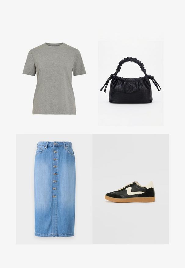 Grijs katoenen T-shirt met een klassieke ronde hals, korte mouwen en een gladde textuur, geschikt voor casual dragen.; Blauwe denim midi-rok met een rechte snit, voorzien van een sluiting met knopen aan de voorkant, vijf zakken en een vervaagde wassing voor textuur.; Zwarte suède en leren sneaker met een crèmekleurige zij-swoosh en lichte crèmekleurige hiel. Voorzien van beige veters en een gumrubberen zool.; Zwarte handtas met krokodillenstructuur, geplooide bovenrand, samengevoerde handgreep en koordtassels aan elke kant tegen een witte achtergrond.