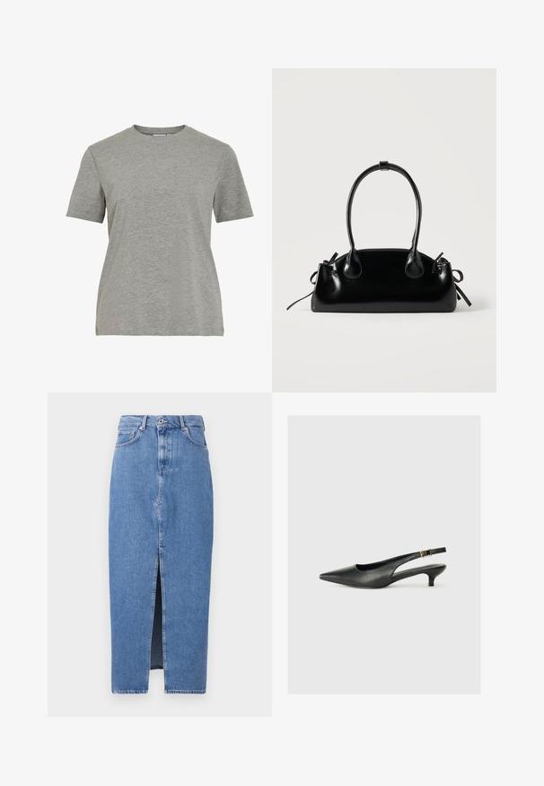 Grijs katoenen T-shirt met een klassieke ronde hals, korte mouwen en een gladde textuur, geschikt voor casual dragen.; Lichtblauwe denim midi-jurk met een voorkant split, klassieke vijf zakken ontwerp en sluiting met bovenste knoop. De stof heeft een lichte textuur.; Zwarte puntschoen met slingback van soepel leer. Kenmerkt zich door een dunne hak en een gespdetail op de verstelbare band.; Kleine zwarte glanzende handtas met twee lange hengsels en zijkant trekkoord details op een effen lichte achtergrond.
