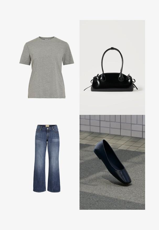 Camiseta gris de algodón con cuello redondo clásico, mangas cortas y textura suave, ideal para un uso casual.; Jeans vaqueros azules de pierna ancha con bolsillos delanteros, trabillas para cinturón, cierre de botón y detalles de lavado desvanecido.; Zapato plano de cuero negro, de pie verticalmente sobre una superficie de asfalto cerca del borde de una acera con baldosas.; Pequeño bolso negro brillante con dos asas largas y detalles de cordón lateral sobre un fondo claro liso.