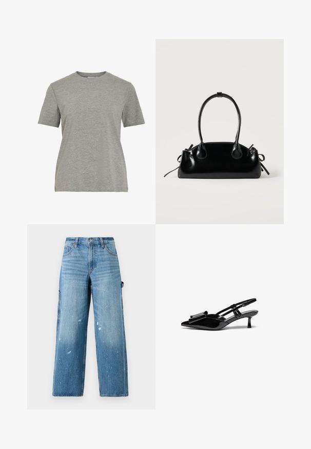 Graues Baumwoll-T-Shirt mit klassischem Rundhalsausschnitt, kurzen Ärmeln und glatter Textur, geeignet für legere Kleidung.; Hellblaue Denim-Cargo-Jeans mit weitem Bein, ausgewaschenen Bereichen und Farbspritzern. Mit Seitentaschen und Knopfleiste.; Schwarze Lackleder-Slingbacks mit spitzer Zehenpartie, einer Schleifendetail an der Vorderseite und einem kleinen Stiletto-Absatz. Die Riemen haben verstellbare Schnallen.; Kleine schwarze glänzende Handtasche mit zwei langen Griffen und seitlichen Kordelzug-Details vor einfachem hellem Hintergrund.