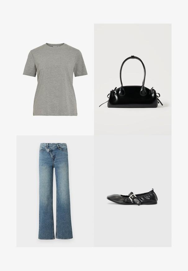 T-shirt gris en coton avec un col rond classique, des manches courtes et une texture lisse, idéal pour un usage décontracté.; Jean en denim bleu clair à jambes larges avec une taille haute, un délavage clair et une fermeture à bouton à l'avant. Comprend cinq poches et des coutures minimales.; Chaussure plate en cuir noir avec un nez pointu, des détails froncés autour de l'ouverture et un accent en boucle argentée sur la bride ajustable.; Petit sac à main noir brillant avec deux longues anses et des détails à cordon sur les côtés sur un fond clair uni.
