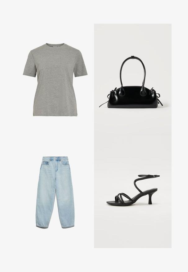 T-shirt gris en coton avec un col rond classique, des manches courtes et une texture lisse, idéal pour un usage décontracté.; Jeans en denim bleu clair avec une coupe décontractée, taille haute, et jambes larges, présentant une texture légèrement décolorée et un design classique à cinq poches.; Even&Odd Wide Fit by Zalando Sandales - black; Petit sac à main noir brillant avec deux longues anses et des détails à cordon sur les côtés sur un fond clair uni.