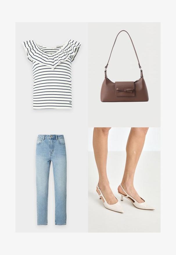 Gestreiftes Oberteil mit Rüschenausschnitt, in marineblauen Streifen auf weißem Hintergrund, aus weichem Stoff mit tailliertem Design.; Hellblaue Denim-Jeans mit geradem Schnitt, Fünf-Taschen-Design, Metallknopfverschluss und dezenten Whiskering-Details auf der Vorderseite.; Beige Lackleder Slingback-Absätze mit spitzem Fuß und 5 cm Absatz, mit ausgeschnittenen Seiten und einem schmalen Knöchelriemen.; Braune Leder-Umhängetasche mit einer vorderen Klappentasche, die ein gestepptes Schleifendetail und einen verstellbaren Riemen aufweist.